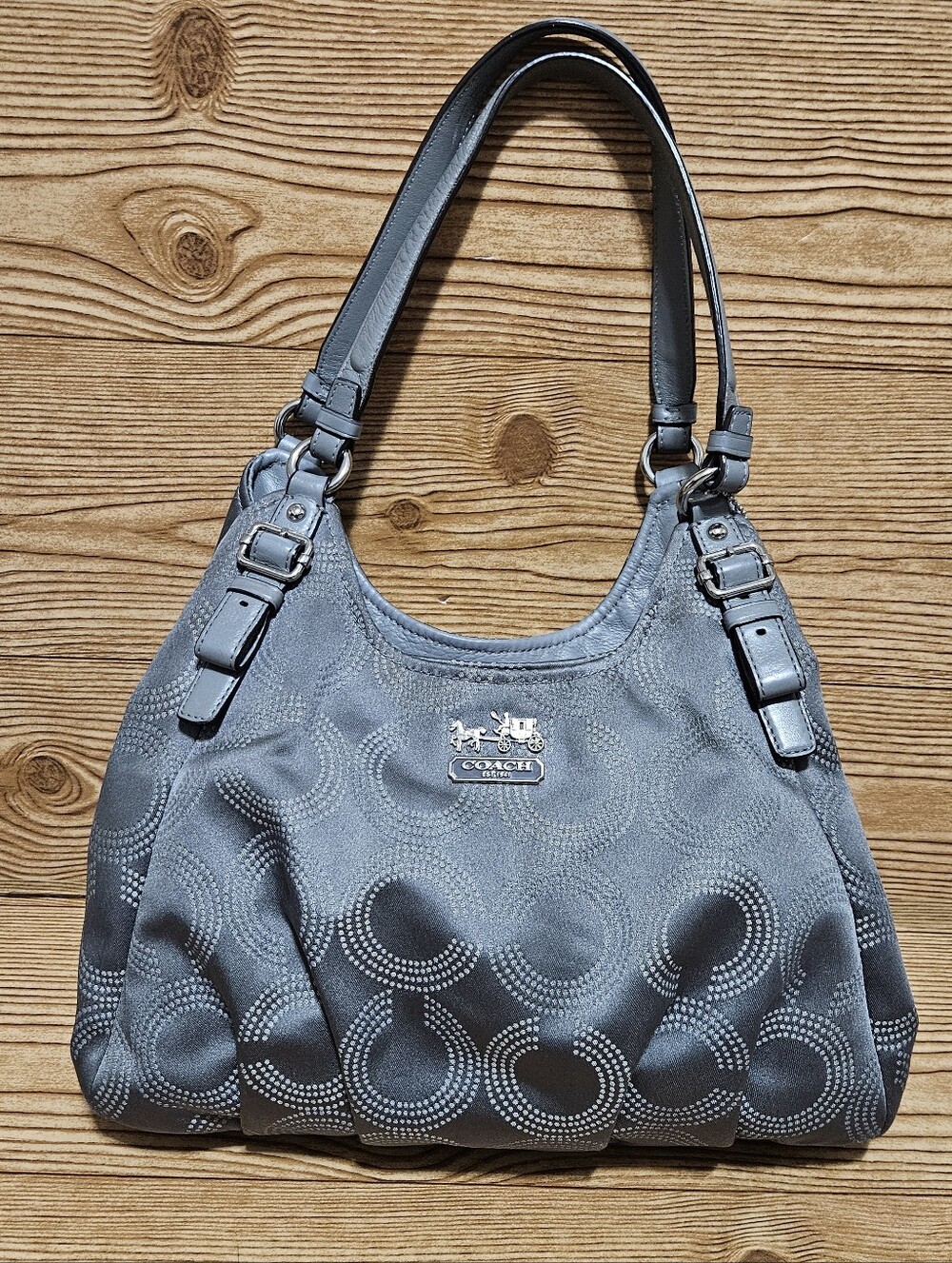 Coach Madison Gray Op Art Jacquard & Patent Leather Maggie Hobo Shoulder Bag - Picture 2 of 16